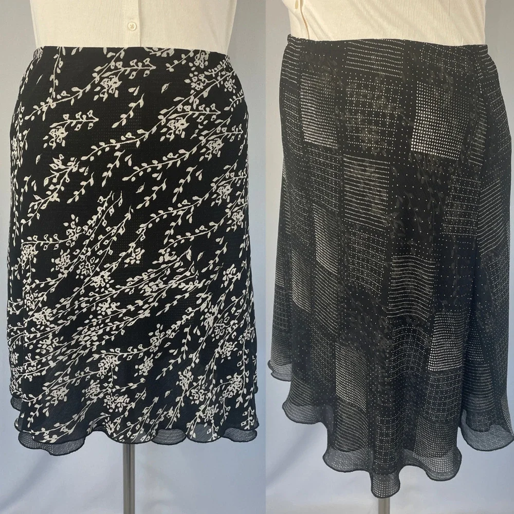Reversible Midi Skirt Large Black Floral Geo Layered Chiffon Y2K Fairy Whimsy